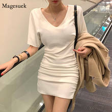 New Korean Short Sleeve V-neck Bottoming Dress 2021 Spring Pleated Hem Dress for Women Solid Ruched Slim High Waist Dress 12880 2024 - buy cheap