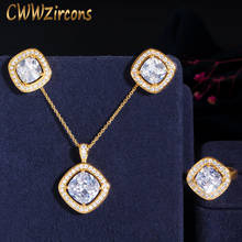 Женский комплект украшений CWWZircons, романтическое золотистое квадратное блестящее ожерелье, серьги и кольцо из фианита, подарок, T413 2024 - купить недорого