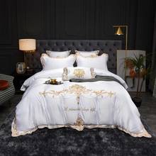 Branco europeu royal ouro bordado seda/algodão conjunto de cama duvet cover lençol colcha fronhas casa têxtil 2024 - compre barato