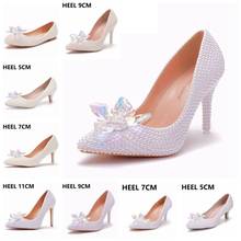 Crystal Queen Wedding Shoes Female White Beige Pearl Rhinestone Stiletto Pointed Fashion Bridal High Heels 2024 - buy cheap
