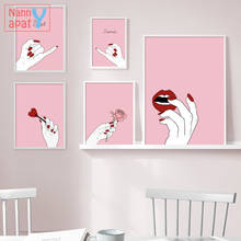 Красные губы ногти девушка скандинавские розовые плакаты и принты настенная живопись холст цветок настенные картины для гостиной украшение дома 2024 - купить недорого