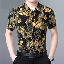 Camisas con estampado de dragón para hombre, camisa de seda azul real para hombre, camisas de moda para hombre, ropa de talla grande, Tops de estilo chino 2020 2024 - compra barato