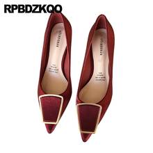 Pumps 2021 Satin Wine Red Scarpin Metal Women Medium Heels Black Party Kitten Size 4 34 Silk Gold Wedding Shoes Pointed Toe 2024 - buy cheap