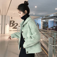 Casaco de pele de vison do falso feminino xadrez casaco curto coreano novo solto camisola de malha manga longa cardigan outono inverno outerwear l144 2024 - compre barato