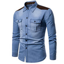 Camisa jeans masculina de manga comprida, camisa jeans casual de algodão slim com bolso sólido para homens chemise homme n5232 2024 - compre barato