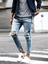 Стильные мужские рваные зауженные байкерские джинсы, потертые зауженные брюки из денима 2024 - купить недорого