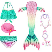 Детское платье для косплея хвост русалки для плавания купальник с бикини костюм ожерелье пляжная одежда шляпа для девочек костюм на Хэллоуин 2024 - купить недорого