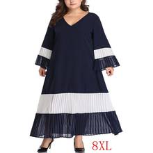 Fall large size dress 4XL-8XL bust 136CM fashion women's V-neck long sleeve contrast color matching pleated stitching dress 2024 - buy cheap