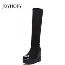 2019 streth tecido joelho alta plataforma botas mulheres quente fundo grosso sapatos de neve feminino elástico altura aumentando botas longas wb069 2024 - compre barato