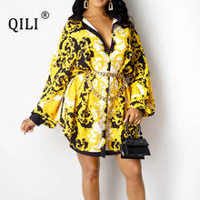 QILI Autumn Shirt Dress for Women Full Sleeve Print Gold Chain Elegant Dresses Party Short Dress 2024 - купить недорого