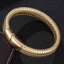 Fashion Golden Braided Leather Bracelet Men Jewelry Stainless Steel Magnetic Clasp Bangles Male Wrist Band 2024 - buy cheap