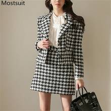 Hounstooth Wool&blend Two Piece Skirt Suits Sets Women Full Sleeve Blazer + Mini A-line Skirt Outfits Korean Elegant Ladies Set 2024 - buy cheap