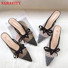 XGRAVITY Sandals Mesh Mules Spot Design Pointed Toe Sexy V Cut Dress Shoes Ladies Summer Women High Heel Thin Heel Slides B170 2024 - buy cheap