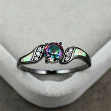 Boho feminino pequeno arco-íris anel redondo do vintage preto ouro anéis de casamento para as mulheres promessa branco fogo opala anel de noivado 2024 - compre barato