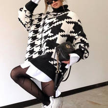 Женская вязаная Водолазка с длинным рукавом, черные пуловеры в стиле «гусиная лапка», ретро топы, Осень-зима 2021, свободный джемпер, Свитера оверсайз 2024 - купить недорого
