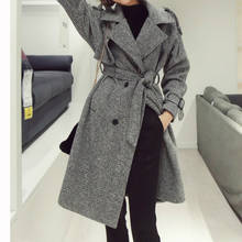 2021 Winter Autumn New Korean Style Turn Down Collar Double Breasted Midi Houndstooth Thick Warm Woolen Coat Women with Belt 2024 - buy cheap