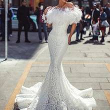 Арабское Новое Белое Кружевное платье для выпускного вечера с перьями, сексуальное длинное вечернее платье русалки с открытыми плечами, винтажное платье Vestidos De Fiesta, 2020 2024 - купить недорого