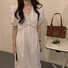 Women Summer Elegant White V Neck Long High Waist Dress Lace-patchwork Puff Sleeve Jacquard Hem Midi Dresses 2024 - buy cheap