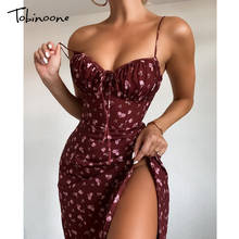 Tobinoone vestido de outono com estampa de flor, feminino dividido midi vestido de festa espaguete sem costas sexy para noite vestido de discoteca 2024 - compre barato