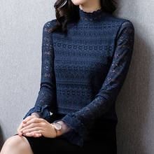 Camisa de encaje de cuello alto para mujer, blusa Lisa ahuecada de talla grande 3XL, moda negra coreana, otoño e invierno, 0995 2024 - compra barato