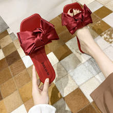 Rimocy vermelho sexy cetim de seda arco chinelos mulher confortável de salto baixo verão slides moda feminina sandálias de fundo macio feminino 2020 2024 - compre barato