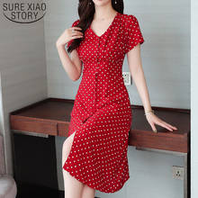 2019 dot A-line office lady chiffon dress Fashion Summer women dresses Empire V-Neck red dress of women Button 3527 50 2024 - buy cheap