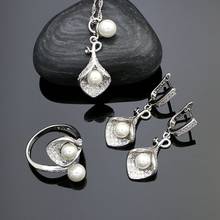Conjunto de joias de casamento feminino, prata clássica 925, contas de pérola, zircônia cúbica branca, com pingente, conjunto de anéis abertos 2024 - compre barato