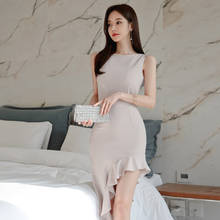 Vestido feminino estiloso assimétrico, novo vestido feminino estilo coreano com babados sem mangas de chiffon 2024 - compre barato