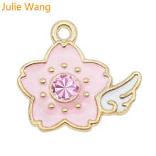 Julie Wang 10pcs Enamel Pink Flowers Wing Charms With Rhinestone Gold Tone Pendant Necklace Bracelet Jewelry Making Accessory 2024 - buy cheap