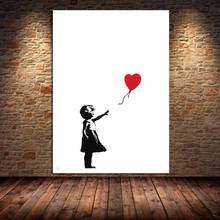 Cartaz de arte de parede preto e branco, pintura de tela grafite, balão vermelho bansky para sala de estar, quarto, decoração de casa, menina 2024 - compre barato