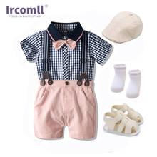 Ircomll conjunto de roupas para meninos, novo conjunto de verão de macacão com gravata borboleta + chapéu de pintor + sandálias brancas para meninos 2024 - compre barato