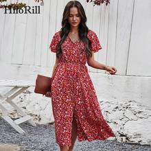 HiloRill Women V Neck Summer Midi Dress With Belt 2021 Floral Print Boho Beach Dress Ladies Retro Short Sleeve Buttons Dresses 2024 - buy cheap