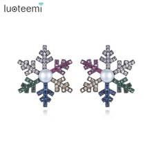 LUOTEEMI New Luxury Colorful CZ Snowflake Stud Earrings for Women Party Fashion Jewelry Pearl Splinter Pendientes Christmas Gift 2024 - buy cheap