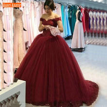 illusion Burgundy Ball Gown Wedding Dress 2020 Off Shoulder Appliqued Lace Wedding Gowns Puffy Tulle Long Bride Dresses Custom 2024 - buy cheap