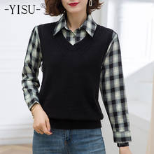 YISU Women Spring Sweater Fake two-piece College style polo collar Long sleeve Jumper Female Casual lattice Knitted Pullover 2024 - buy cheap