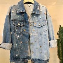 Gemas femininas beadings curto básico denim jacket 2019 outono inverno manga longa buraco rasgado rebarbas calças de brim soltas casacos de topo outwear 2024 - compre barato