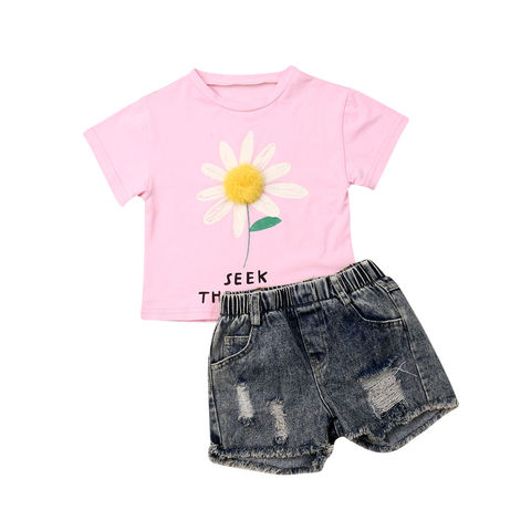 Летние Детские комплекты одежды для маленьких девочек От 1 до 6 лет топы с короткими рукавами с объемным цветком, футболка джинсовые штаны, комплект из 2 предметов 2022 - купить недорого