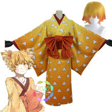 Kimetsu no yaiba demon slayer, roupas femininas para cosplay agatsuma zenitsu, kimono, carnaval, festa, conjunto em camadas, peruca curta 2024 - compre barato