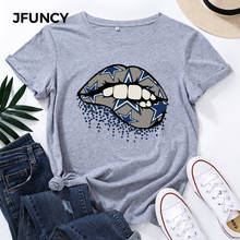 JFUNCY Plus Size 5XL Women Cotton T Shirt Lips Graphic Print Loose Tees Short Sleeve Woman Casual T-shirt Summer Female Tops 2024 - buy cheap