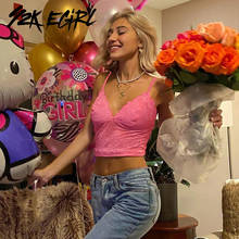 Модные ярко-розовые кружевные укороченные топы Y2K, мода 2000s, уличная одежда Y2K, топы на бретелях-спагетти с глубоким V-образным вырезом, прозрачная одежда 2024 - купить недорого