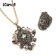 Kinel Ethnic Bride Wedding Jewelry Set Antique Gold Color Gray Crystal Flower Big Long Necklace Rings For Women Boho Jewelry 2024 - buy cheap