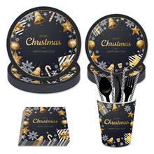 Omilut-platos de decoración de Navidad y Año Nuevo, vasos, servilletas de oro negro, suministros de Feliz Navidad con árboles, nieve, 2024 - compra barato