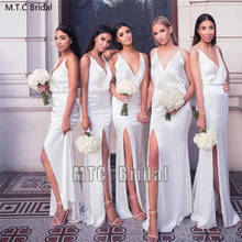 Elegant White Mermaid Long Bridesmaid Dresses With Slit V Neck Floor Length Shine Satin Plus Size Maid Of Honor Dress Wholesale 2024 - buy cheap
