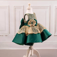 Custom Green Flower Girl Dress With Bow Gold Lace Satin Infant Birthday Party Gown Toddler First Birthday Dresses Photography 2024 - buy cheap