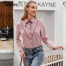 Simplee Sexy pink casual women blouse shirt Long sleeve neck tie elegant tops Office lady  OL work wear party blouses tops 2024 - buy cheap