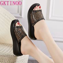 GKTINOO Genuine Leather Slippers Women's Shoes 2022 Summer Platform Sandals Rhinestone Casual Wedges Slippers Slides 2024 - buy cheap