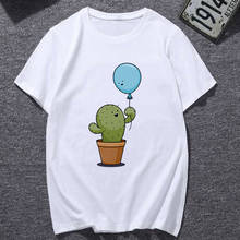 Nueva camiseta linda con estampado de cactus y globos, camiseta de manga corta Harajuku a la moda para mujer, camiseta blanca de talla grande, Tops femeninos, ropa 2024 - compra barato