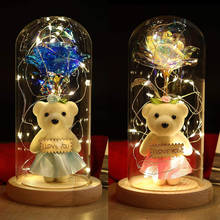 Rosa e urso luz noturna 4 cores, fofo de fadas, urso de pelúcia, flores em vidro, domo de natal, aniversário, presente de dia dos namorados 2024 - compre barato