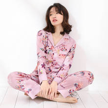Spring Women Pajamas Long-sleeved Pijamas Thin Satin Sleepwear Two Piece Lounge Wear Lapel Print Sexy Nightwear Home Clothing 2024 - buy cheap