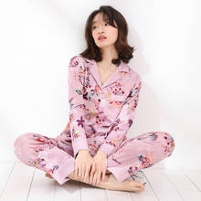 Pijamas de manga larga para mujer, ropa de dormir de satén fino, ropa de salón de dos piezas con estampado de solapa, ropa de dormir Sexy para el hogar, Primavera 2024 - compra barato